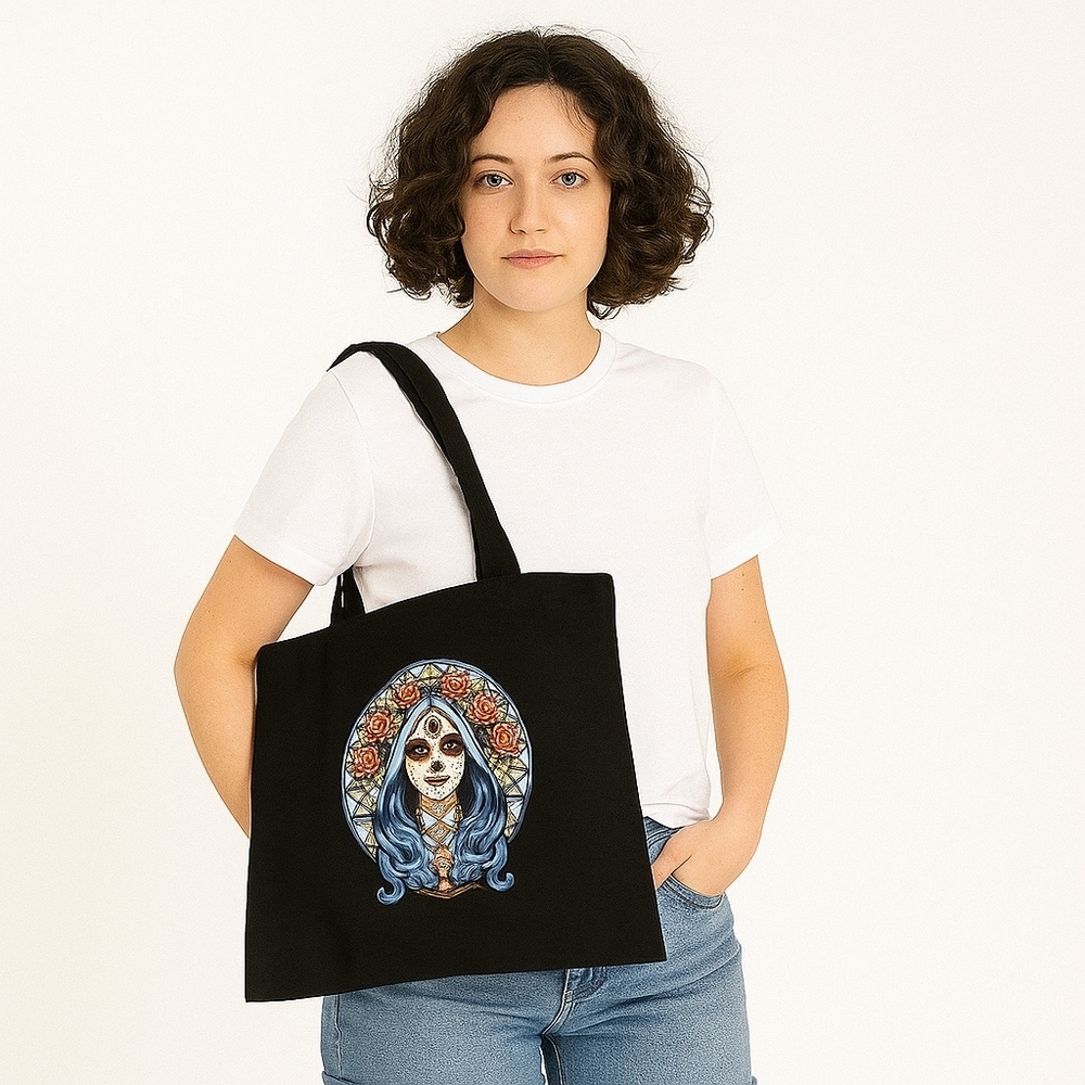Hand Crafted Tote Bag Catrina Motif Black Canvas 100%Cotton 13" Floral Halloween